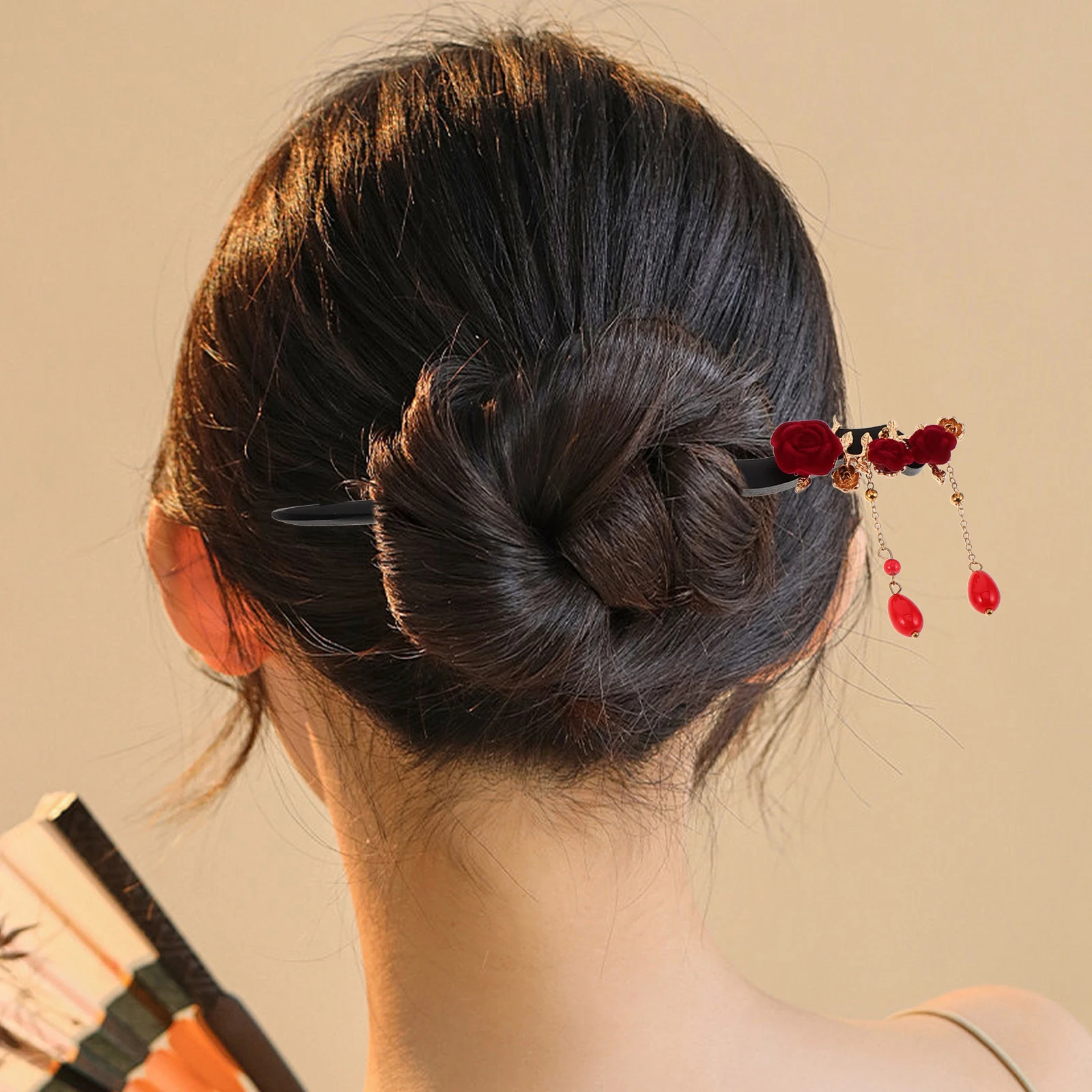 

3 Pcs Wooden Rose Hairpin Peony Flower Tassels Stick Chinese Cultural Accessories Forks Dangle Women Style Bun