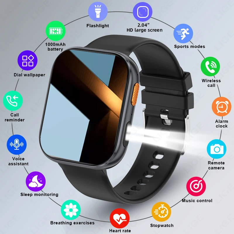 

LIGE AMOLED Smart Watch Men 2.04 Screen Bluetooth Call Health Monitor IP68 Waterproof Sport Women Smartwatch New For Android IOS