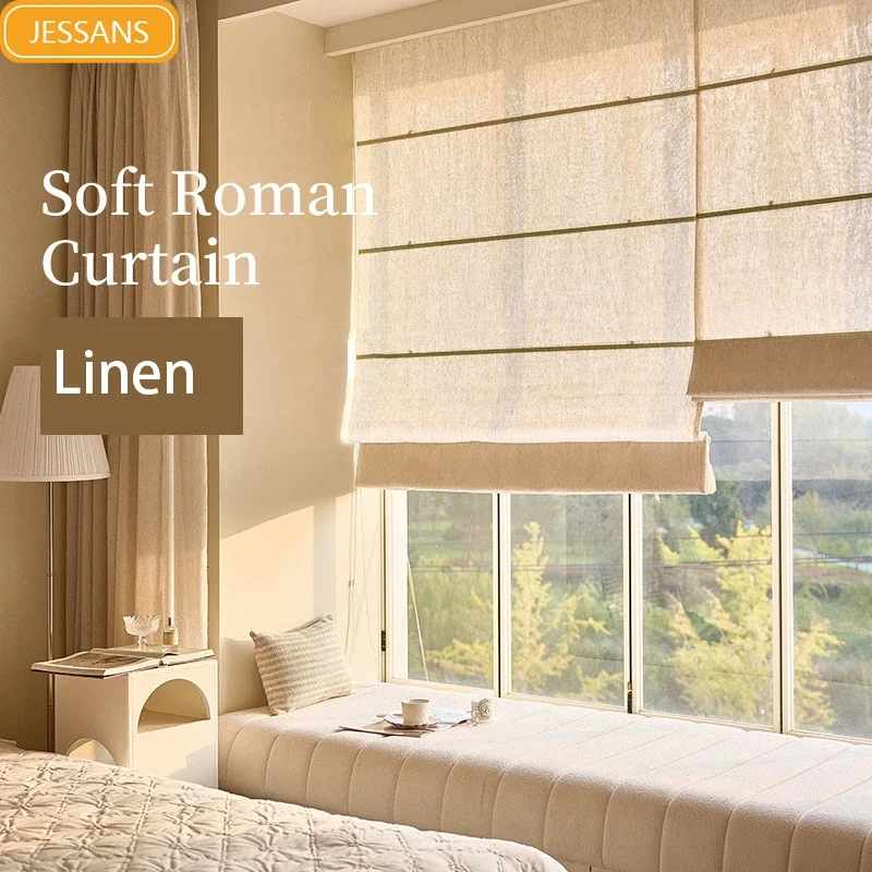 

Japanese Linen Yarn Roman Curtains for Living Room French Window Partition French Window Folding Lifting Finished Curtain