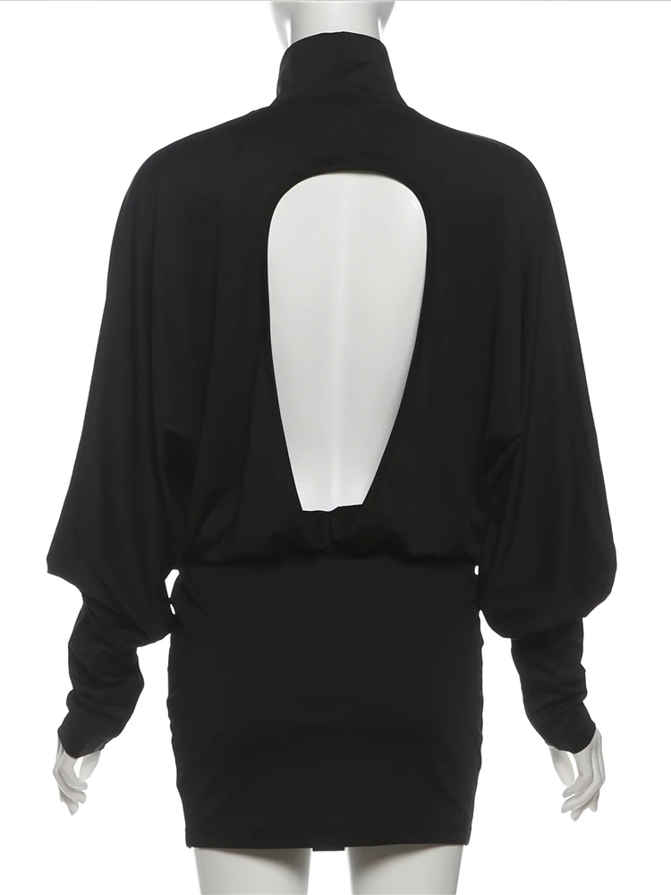 Cutenew-vestido Sexy con espalda descubierta para mujer, vestido elegante de melocotón con cuello alto y manga larga, elástico, tendencia de otoño, fiesta de cumpleaños, graduación y Club