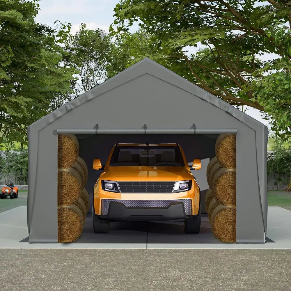 Carport resistente de 25 x 13 pies con 4 enrolladas, ventanas, lona con protección UV para vehículos y barcos (gris)