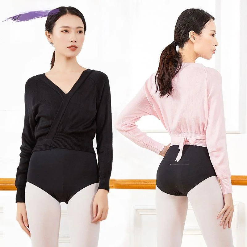 

Осенне-зимний вязаный танцевальный свитер для женщин, одежда для тренировок, балетный кардиган с поясом, теплый и удобный.