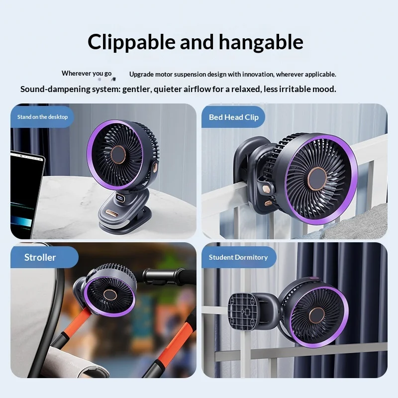 USB Clip Fan with Light, 360° Auto Oscillating, Rechargeable Battery, for Office Dormitory Desk