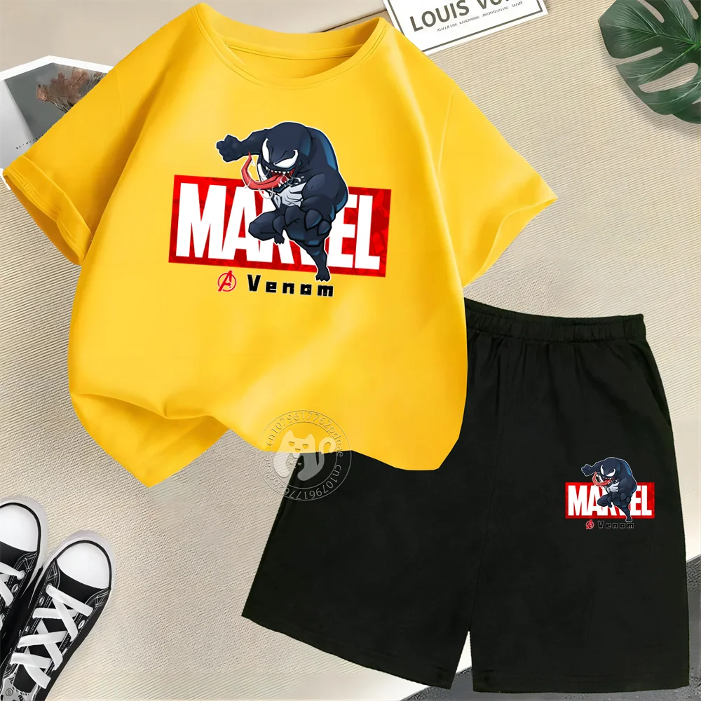 Marvel Venom Print Summer 100% Cotton T-shirt + Shorts Kids Set Boys Girls Cartoon Fashion Street casual comfort kids wear