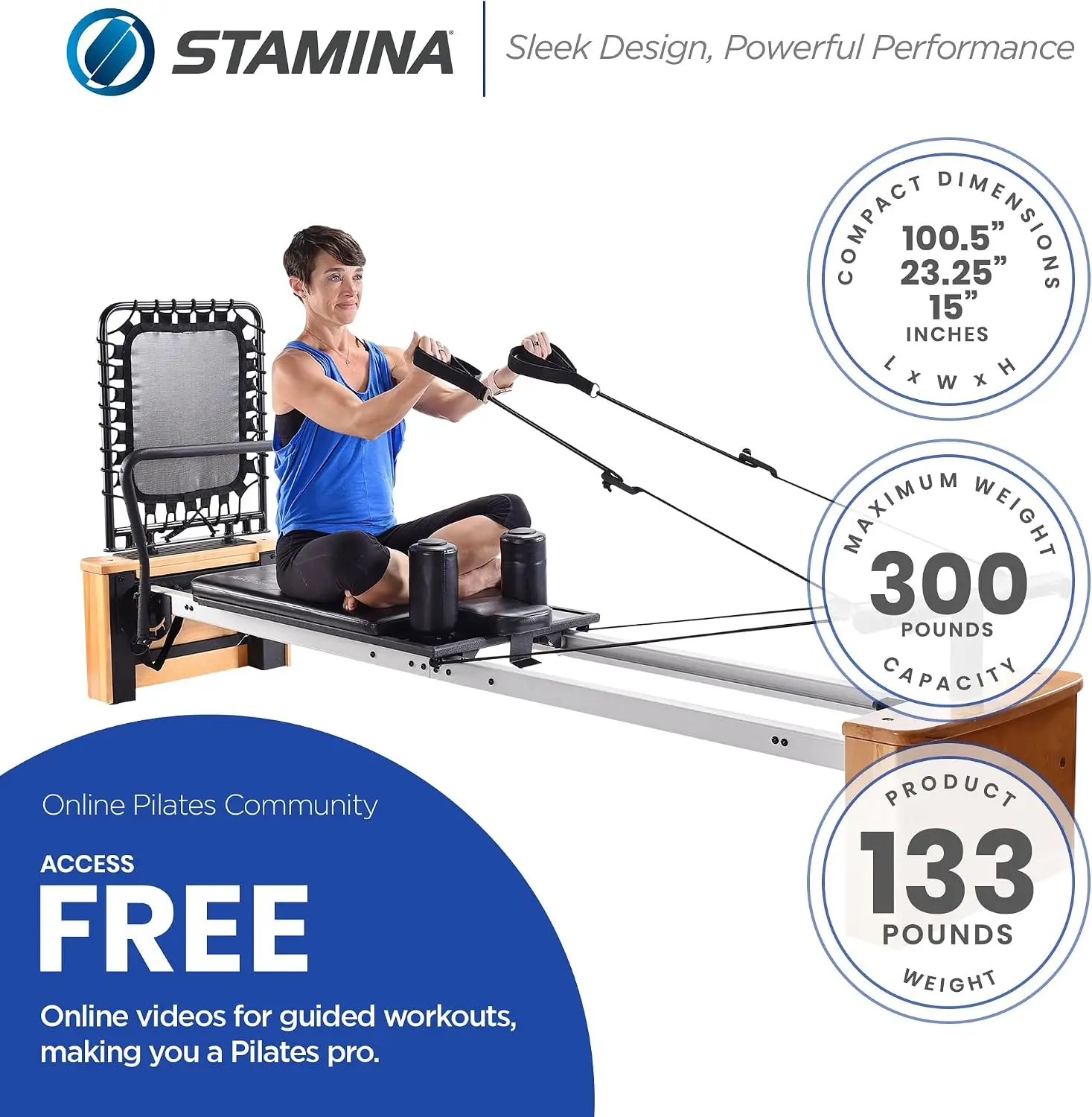 Stamina Products Board Reformer with Oak Wood Base – Studio Grade for Home Use with Cardio Rebounder, Adjustable Foot Bar, 4 Res