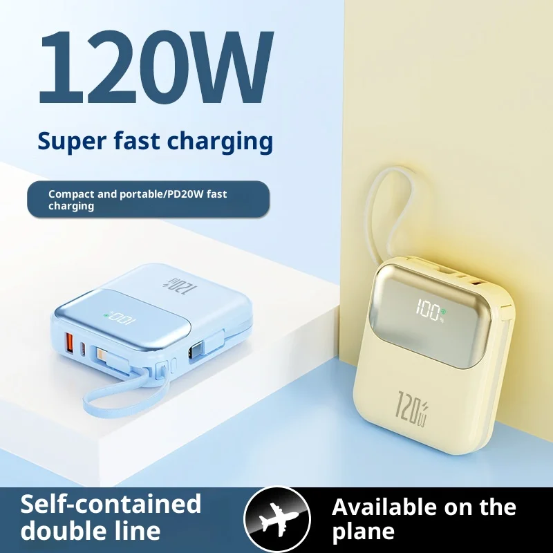 

New mini compact super fast power bank with cable 20000 mAh 120W with cable mini solar powerbank