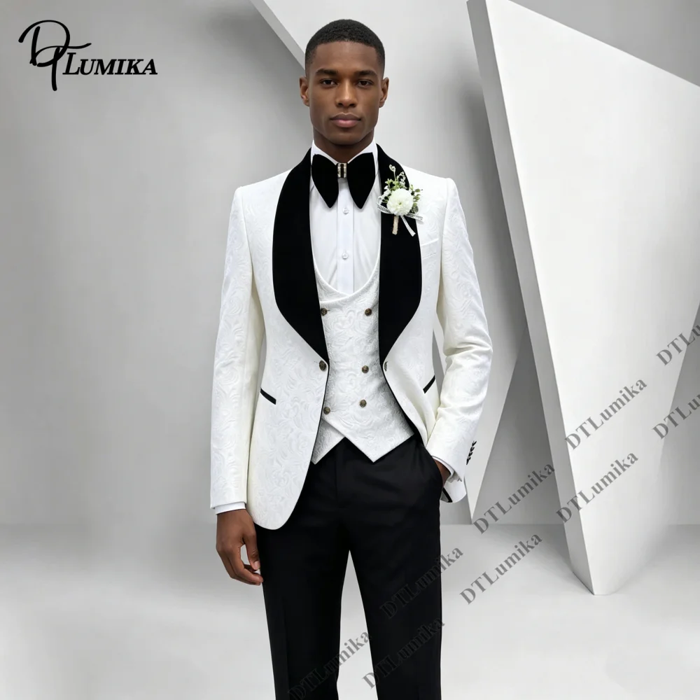 DTLumika Embossed Shawl Lapel Men 3 Piece Wedding Tuxedo ( Blazer Vest Trousers) Banquet Prom Jacquard Three Piece Suit Set