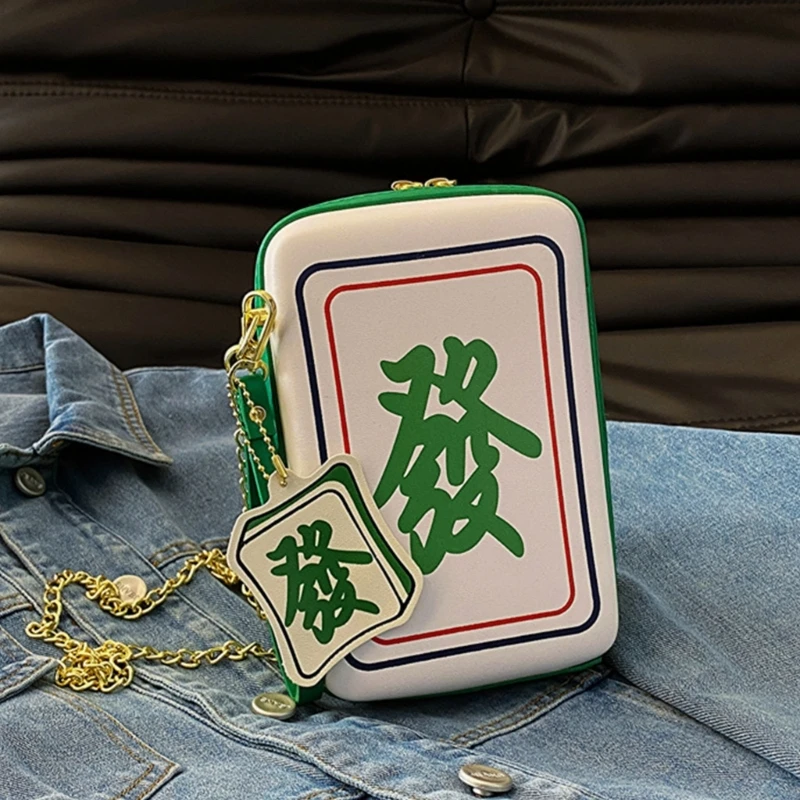 Modieuze crossbodytas met Mahjong-print voor dames met kettingriem PU lederen schoudertas Bags