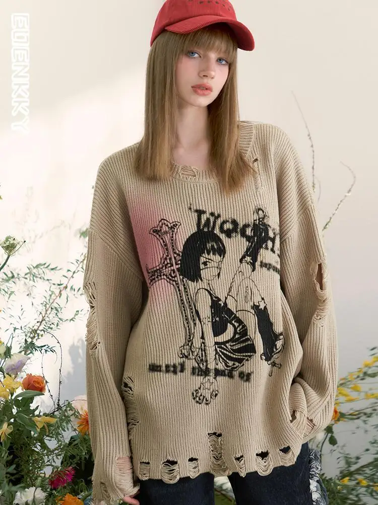 

Harajuku Vintage Knitwear Sweater Women Cartoon Print Gyaru Loose Hole Y2K Gothic Grunge Knitted Pullover Tops E-girl Jumpers