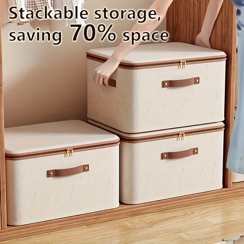 Large Household Storage Box Heavy-duty Hard Shell Cotton Linen Zipper Storage Organizer Box with Lid for Clothes Toys Blankets