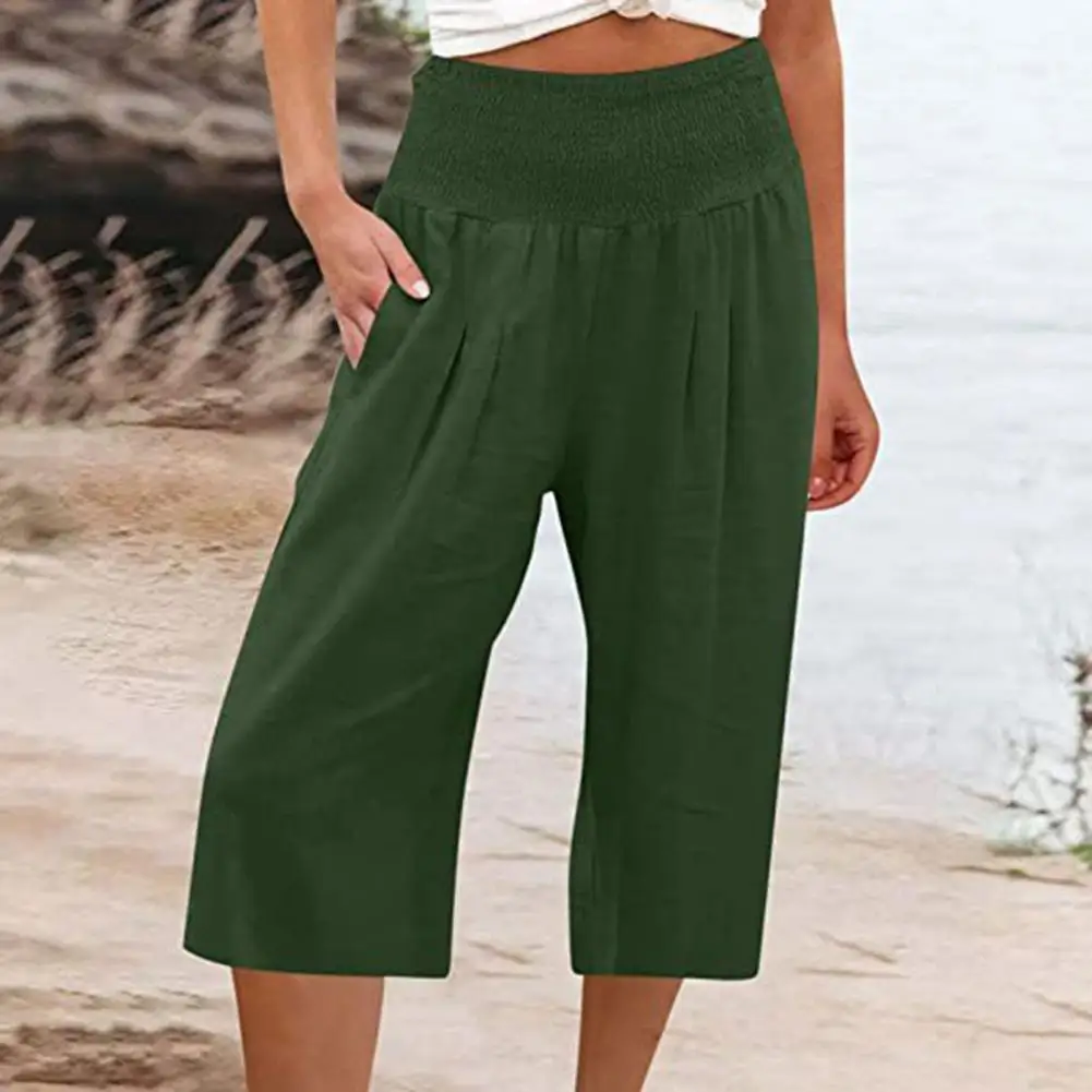 Pantalon court taille haute à jambes larges pour femme, pantalon léger, ceinture élastique, fjwith, poches