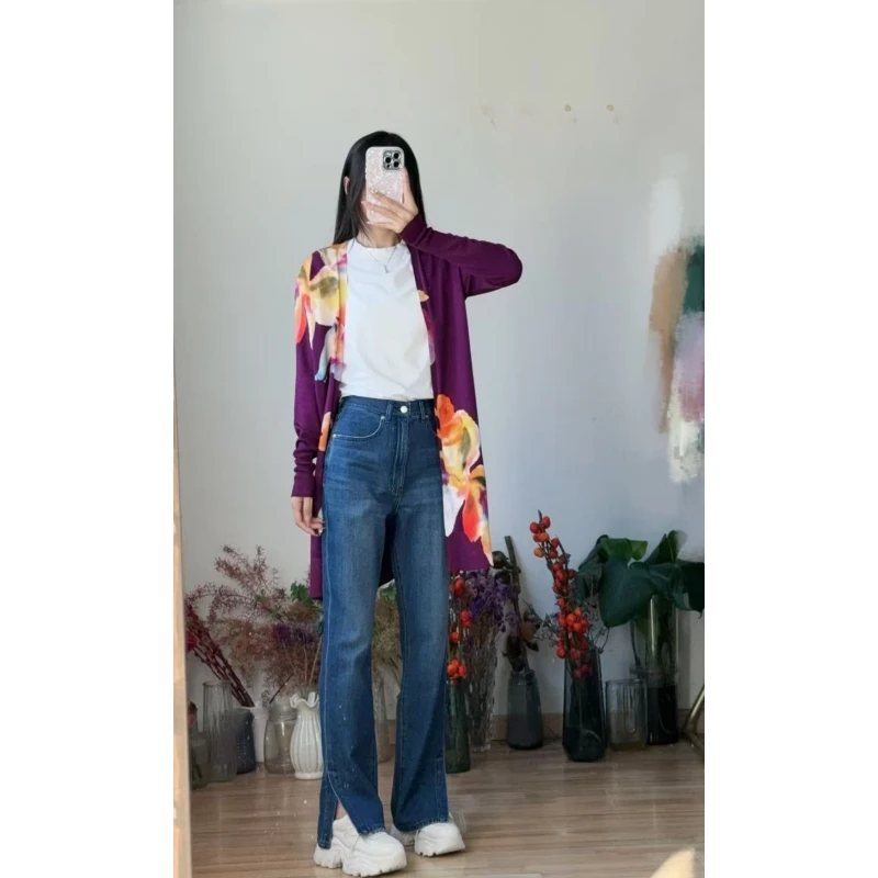 Cárdigan abierto con estampado floral de color morado puro, suéter fino de punto sin botones, Jaet, exterior de verano de fibra de poliéster de longitud media para mujer...