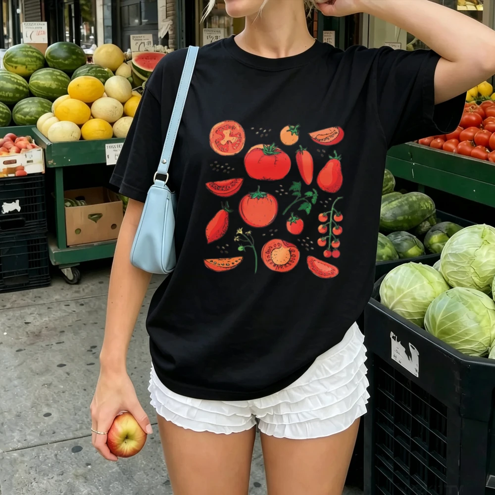 Hand Drawn Assorted Whole Sliced Cherry Tomato Botanical Collage Print Women Cotton Vegetable Gardening Simple Cottagecore Tees