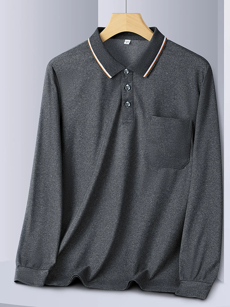 

Футболка с длинным рукавом для пап и мужчин среднего возраста, весенне-осенняя, тонкая, однотонная, с воротником, деловая, повседневная, свободного кроя