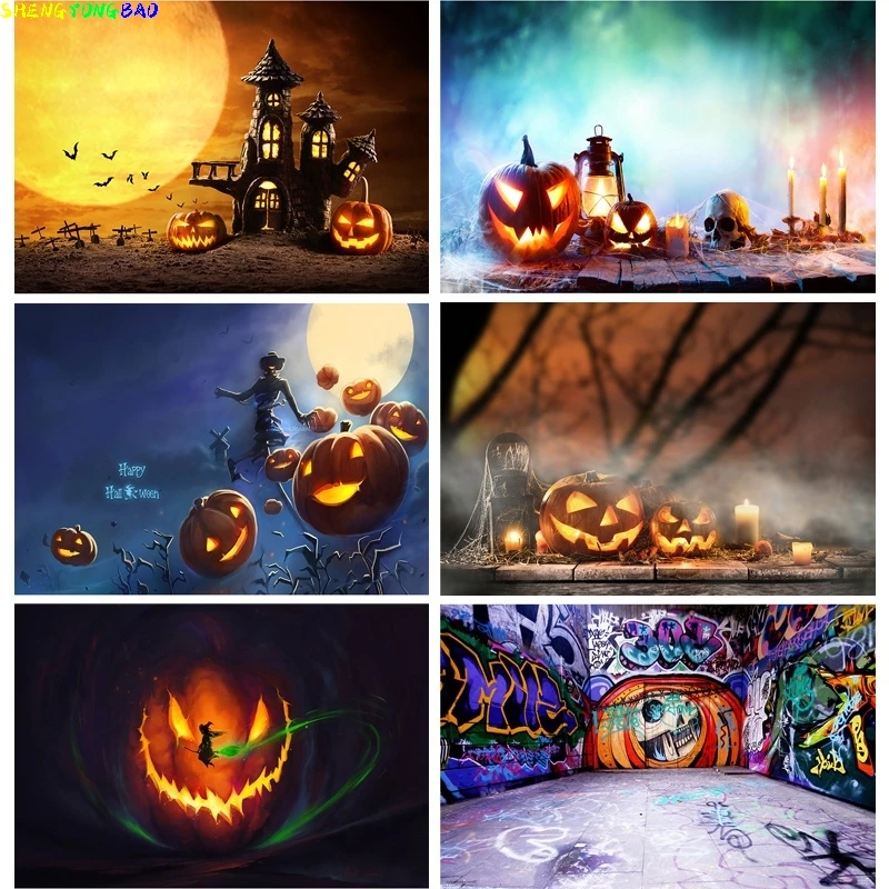 

Halloween Backdrop Pumpkin Lantern Forest Moon Tombstone Baby Photography Background For Photo Studio Props 2182 XZR-04