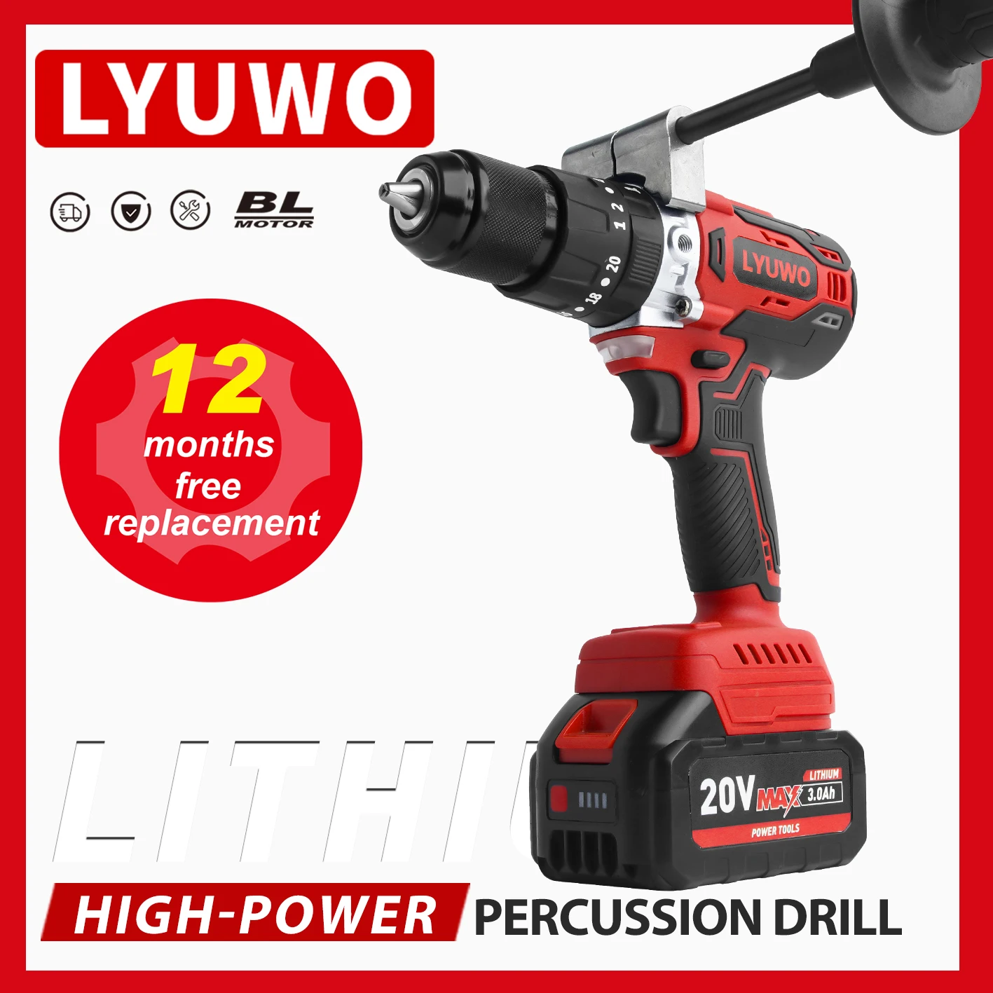 

LYUWO 20V 125N. m High-power Brushless Impact Drill 13mm Cordless Electric Hammer Lithium-ion Charging Pistol Drill Ice Drill