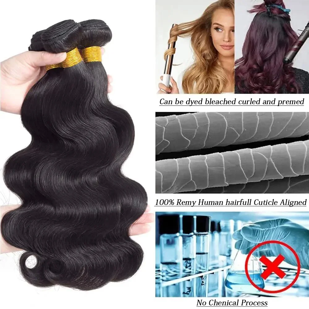 Pacotes de cabelo humano com fechamento, onda do corpo, extensões de tecer, cabelo brasileiro, laço frontal 13x4, cabelo humano preto natural, 3 pacotes