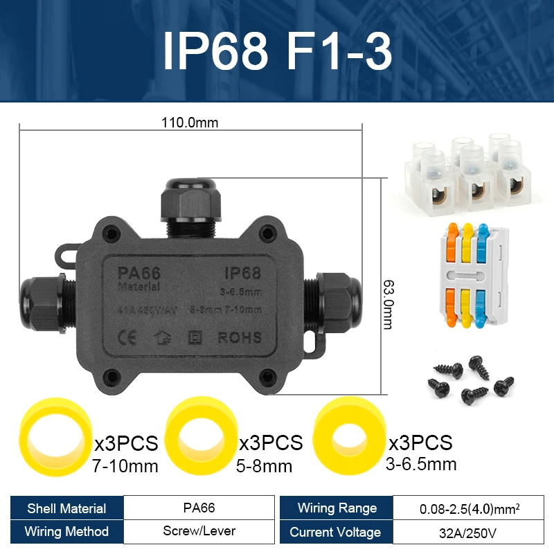 2/3/4 Wege Schwarz IP68 Wasserdichtes Gehäuse für den Außenbereich Kunststoffbox Elektronisches Projektgehäuse Instrumentenanschlusskasten Dockingklemmen 32A