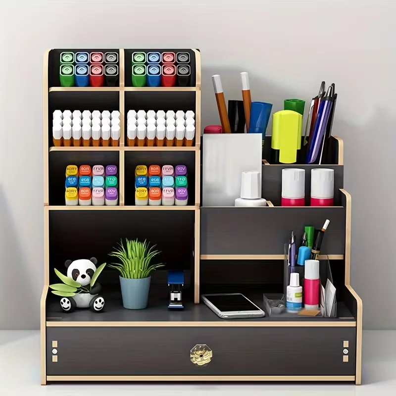 Wooden Desk Organizer with Drawer, Multi-Compartment Desktop Storage for Pens, Stationery, Office Supplies