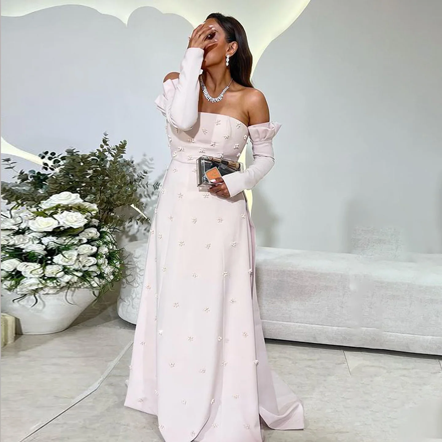 Sharon Said Baby Pink Dubai vestidos de noche sin tirantes con elegantes flores 3D para mujer vestido Formal de boda SF282 personalizado