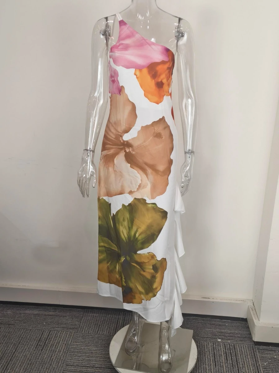 TWOTWINSTYLE Sexy Boho Printing Dress for Women Diagonal Collar Slimming Spliced Ruffles Edge Midi Dresses Female Fashion Style