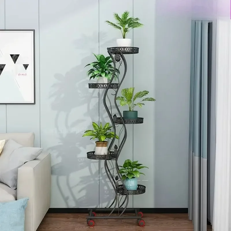 Fashion Wrought Iron Flower Stand, Multilayer with Wheels, Space-saving Living Room Plant Tray, Balcony Flower Pot Stand