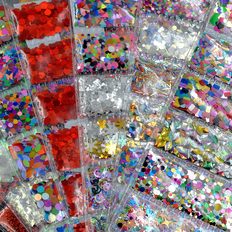 6 Grids/Pack Mix Colors Various Shapes Laser Holographic Thin Sequins Nail Art Slice Decals Manicure Glitter Paillettes Charms