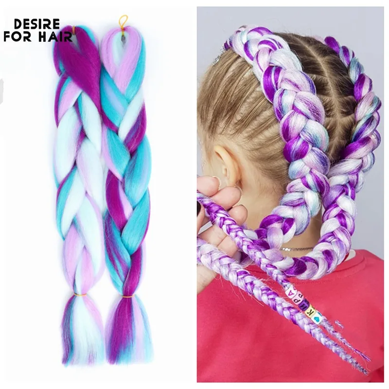 Rainbow Mixed Ombre Color Jumbo Braiding Hair 24inch 60cm Synthetic Braids Heat Resistant Hair Extensions For Kids Braided Party