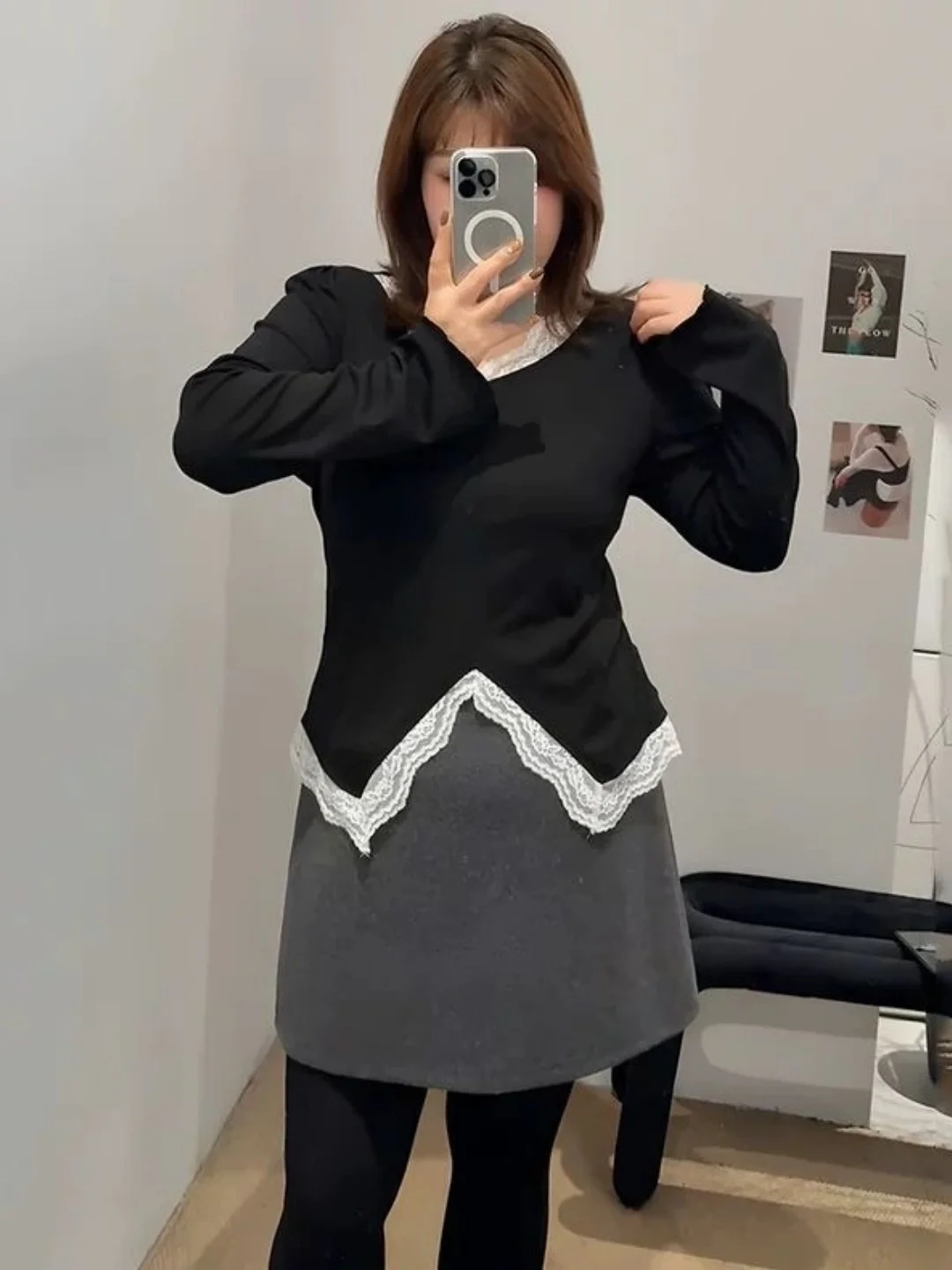 plus Size Korean Style T-Shirt V-Neck Lace Trim Belly Cover Slimming Long Sleeve Base Layer Top for Women plus Size T-Shirt