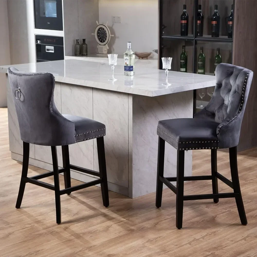 Bar Stools Set of 2, Tufted Wingback Barstools, Velvet Dining Chair Stool, Wood Legs, Padded Seat, Button Trim, Bar Chair