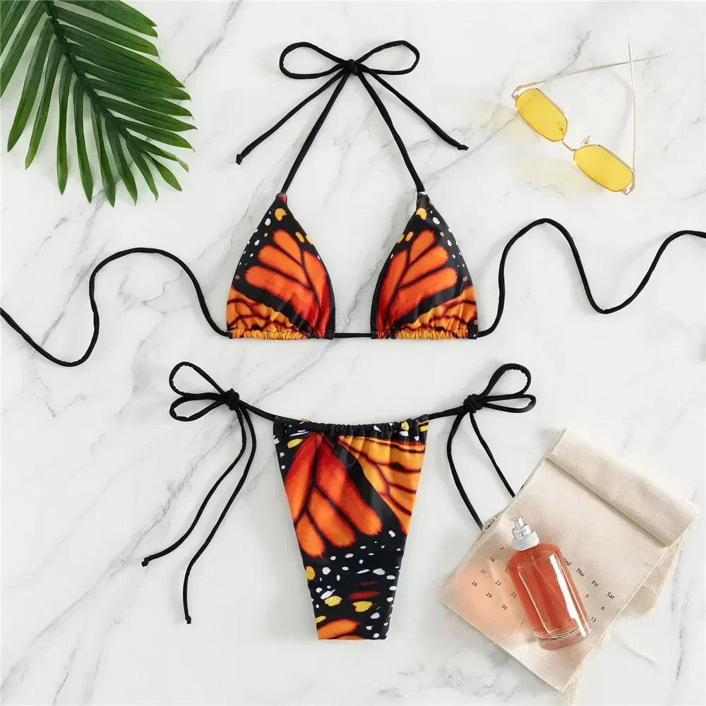 Sexy Butterfly Print Swimwear String Bikinis Set Fashionable Two-piece Beach Swimming Swimsuit