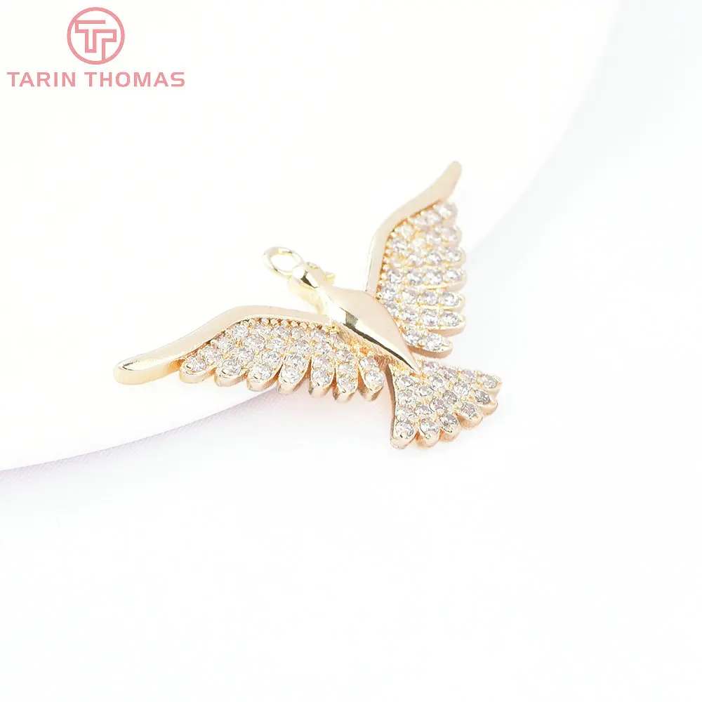 (8159) 2PCS 34.5x19.5MM 24K Gold Color Brass with Zircon Big Wild Goose Shaped Pendants High Quality Jewelry Making Findings