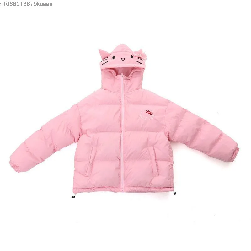 Sanrio Hello Kitty Sweet Cute Embroidered Cotton Coat For Women Winter New Trendy Casual Versatile Jacket Thick Warm Hooded Coat