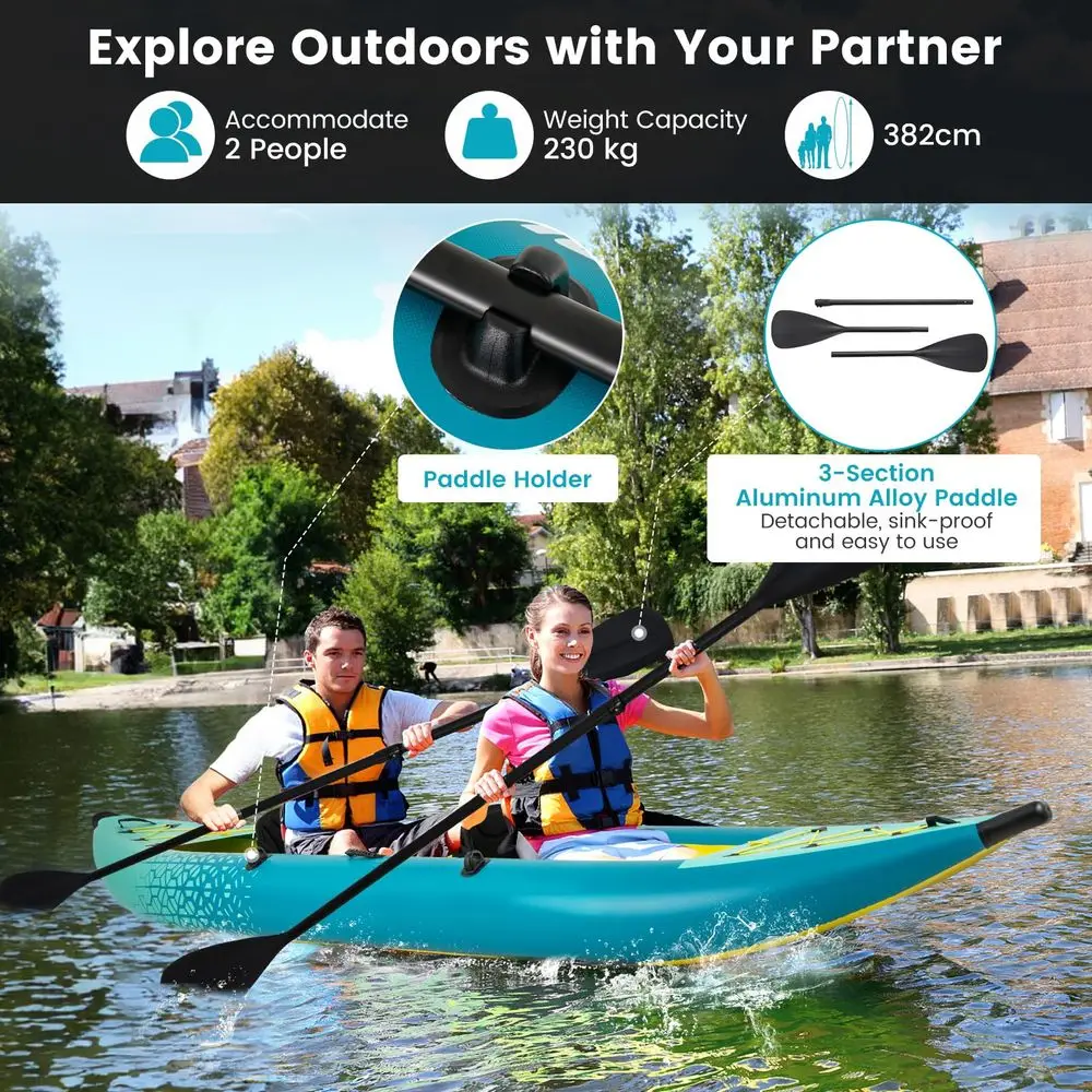 Inflatable Kayak, 12.5Ft 507lbs Tandem Kayak with 2 Aluminum Paddles, 2 Padded Seats, Footrests, 2 Fins, Hand Pump, Carry Bag a