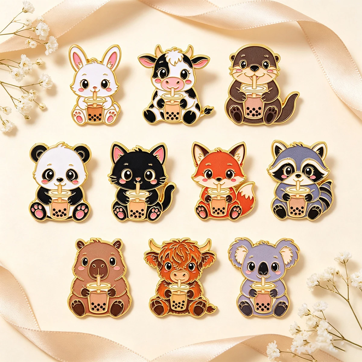 10er-Set Emaille-Pins mit Panda, Fuchs, Kaninchen, Kuh, Otter, Koala, Cartoon-Tier-Broschen für Mantelrevers, Metallabzeichen, Schmuckgeschenk – Detail 4