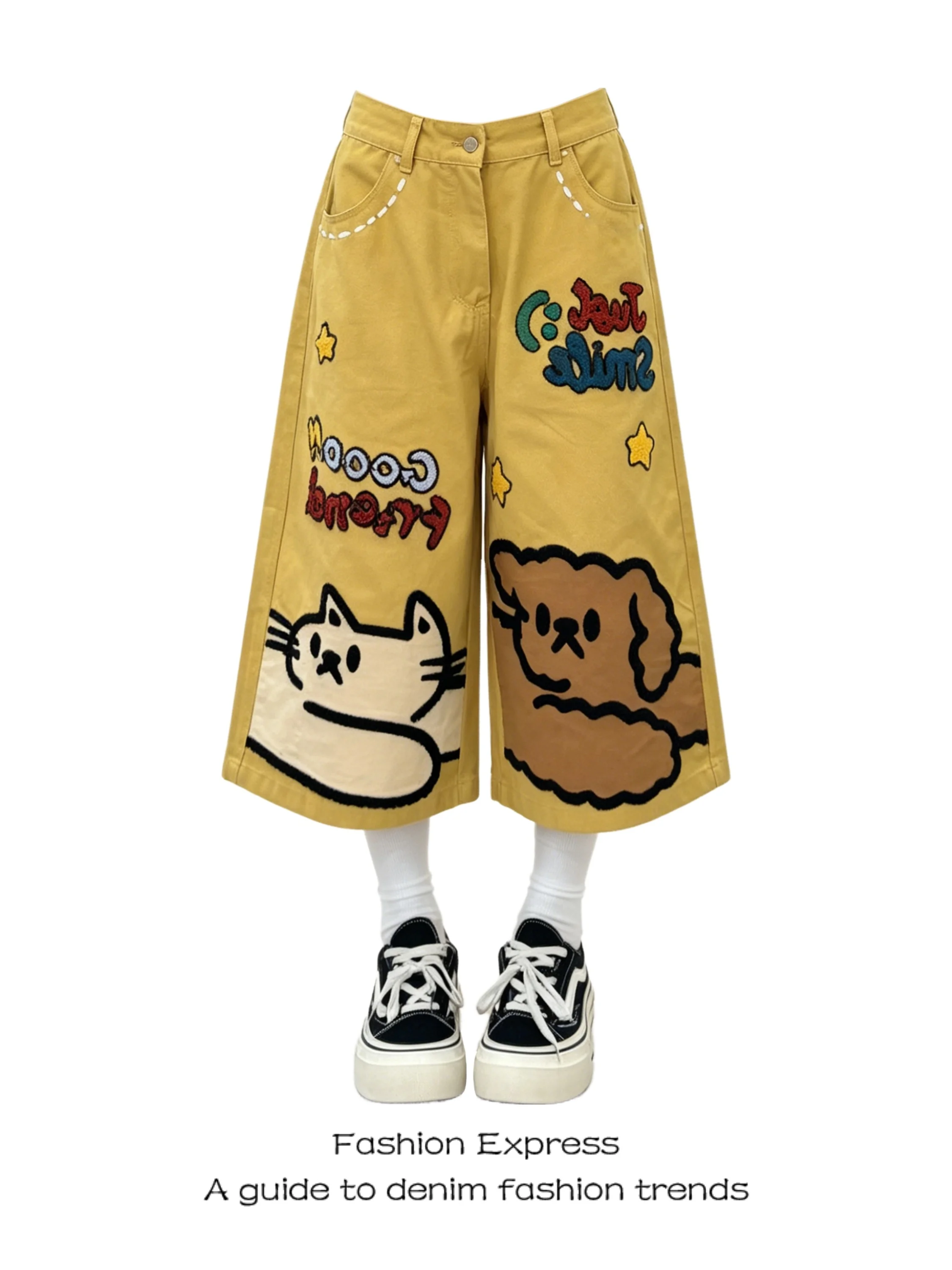 

Retro American Wide Leg Seven-Foot Pants Women Summer Cartoon Embroidery New High Waist Loose Straight Short Trendy Five-Foot...
