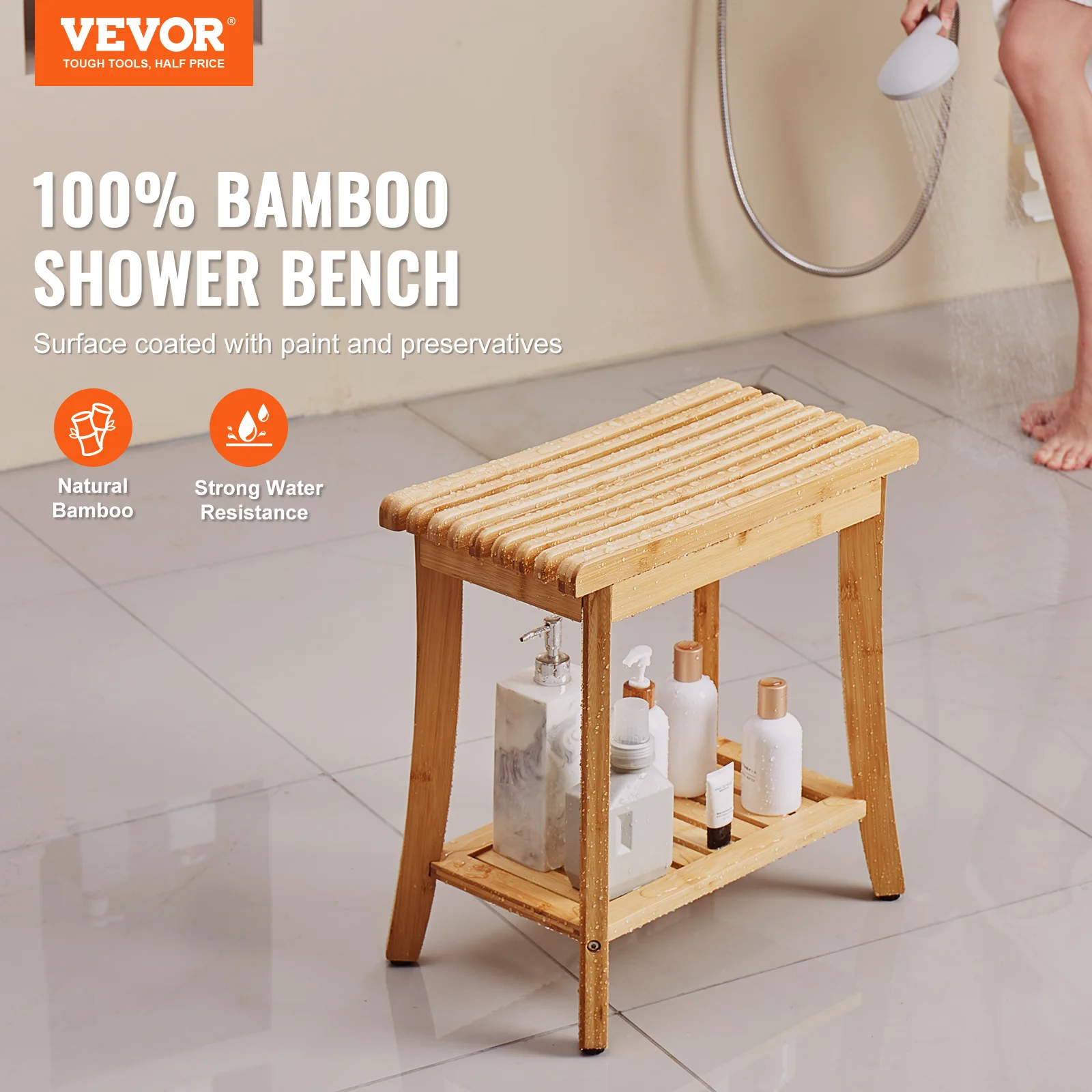 VEVOR Bamboo Shower Bench 19.1 x 11.3 x 18.3 in Waterproof Shower Stool Chair with Storage Shelf 330lbs Load Capacity Spa Seat