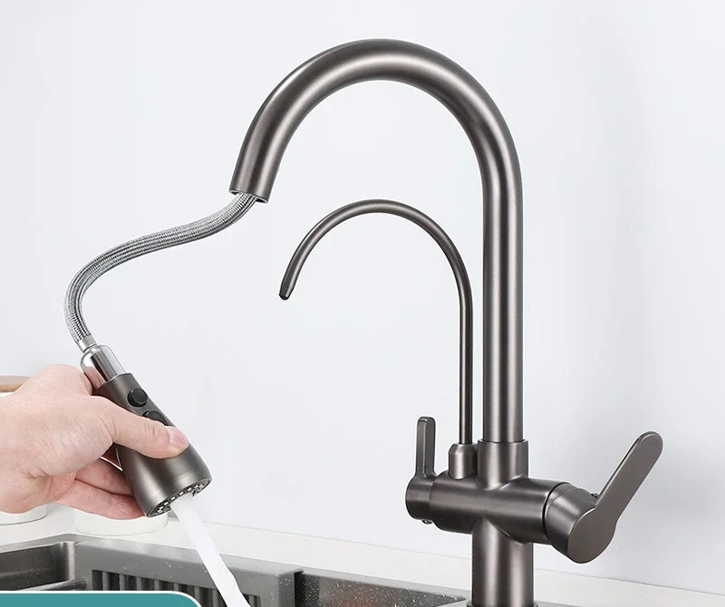 Bathroom Accessories Gun Gray All Copper Three in One Faucet, Hot and Cold Kitchen Sink Pull-out Faucet