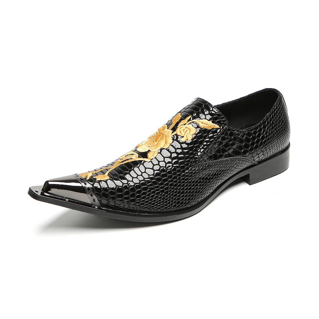 Schwarze Herren-Kleiderschuhe aus Leder mit goldener Blumenstickerei | Schlange – Hautstruktur und spitzes Zehen-Design – Detail 4