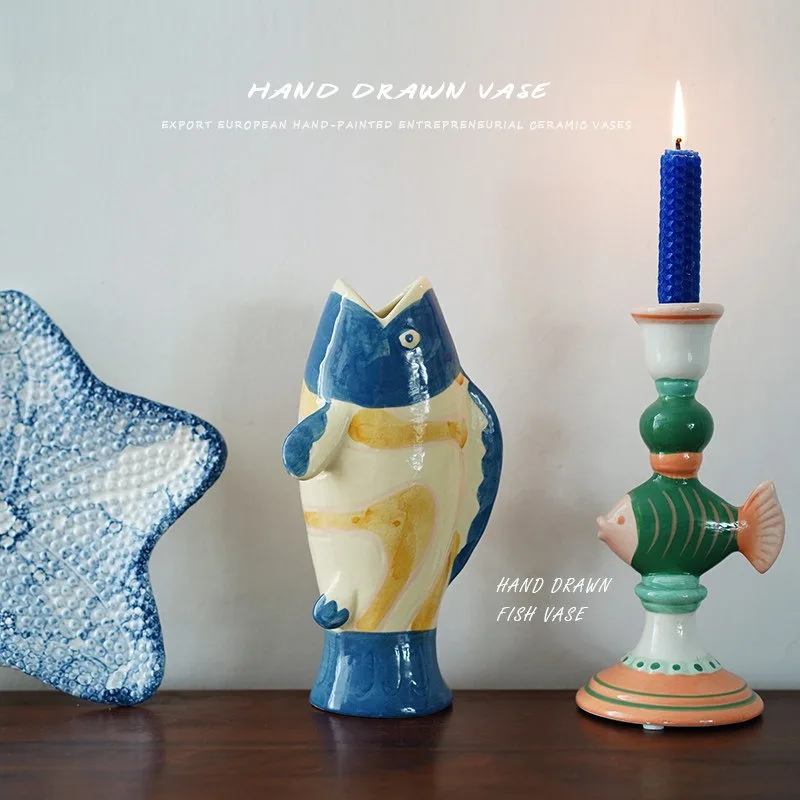 Hand Painted Vases Ceramic Fish Vase Retro Desktop Home Decoration Ornament Colorful Creative Flower Ware Aesthetic Room Decor