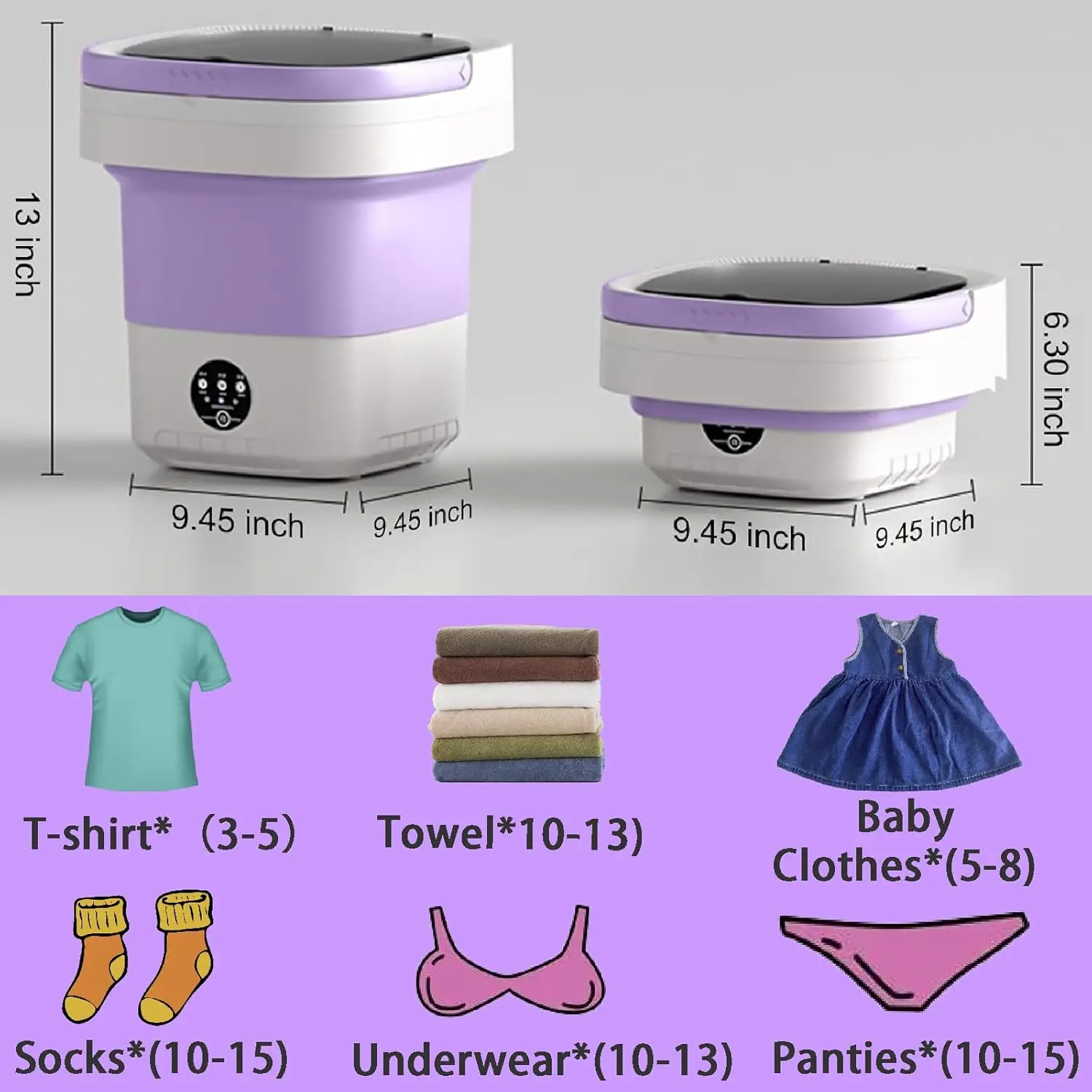 เครื่องซักผ้าพับได้ขนาด 12 ลิตรแบบพกพา เครื่องซักผ้าขนาดเล็ก 3 โหมดสำหรับชุดชั้นใน เสื้อผ้าเด็ก – เหมาะสำหรับอพาร์ทเมนต์ หอพัก โรงแรม