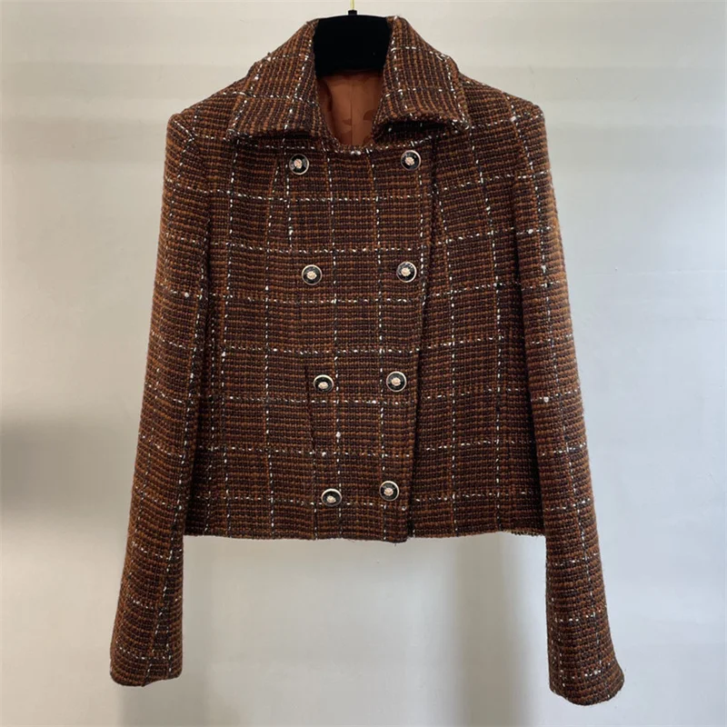 Women's jacket New outerwears autumn 2024 double breasted slim fit long sleeved top High quality wool blended plaid Women's coat