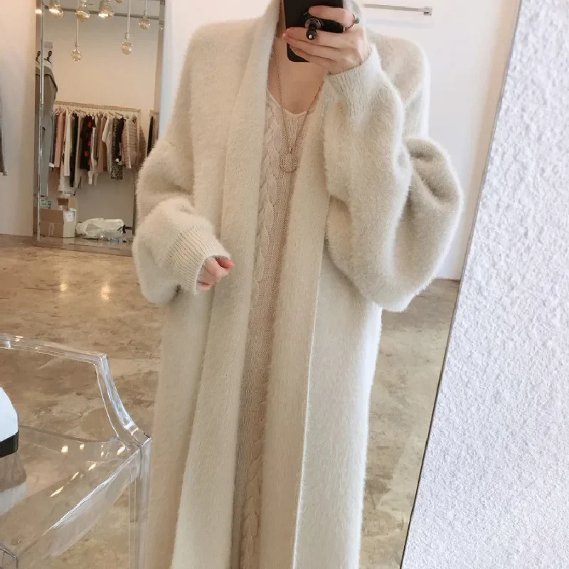 Korean Solid Long Woman Cashmere Cardigan Coat Sweet Fluffy Long Sleeve Sweater Winter Warm Loose Female Midi Knitted Clothing