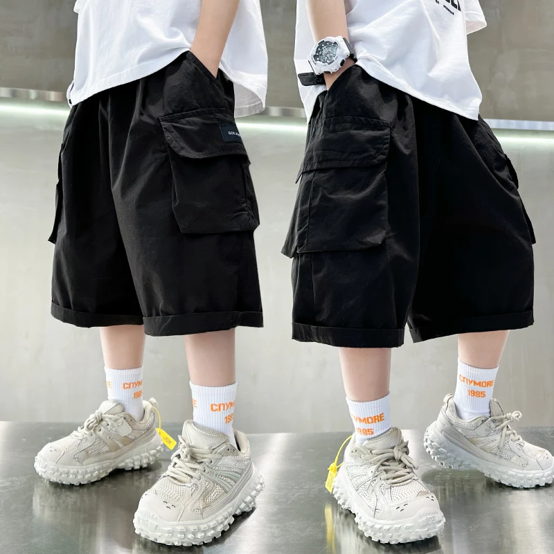 Summer Hot Sale Kids Cotton Cargo Shorts with Side Pocket for Child Boy Casual Knee-Length Short Pants Khaki Purple Black Color