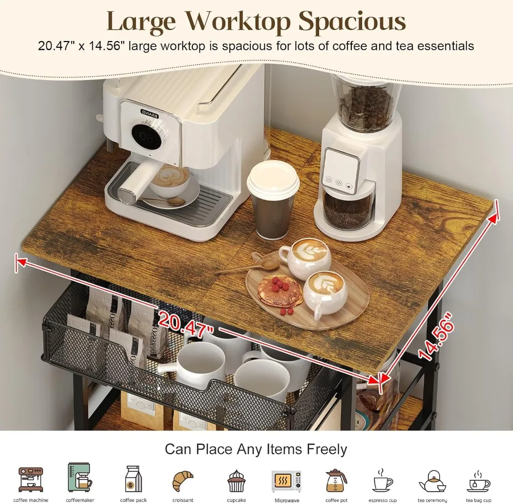 3-Tier Slim Rolling Coffee Cart with 2-Door Cabinet & Pull-Out Wire Basket, Lockable Casters, 32.7" H Microwave Cart for Home Kitchen Dining Room view 2