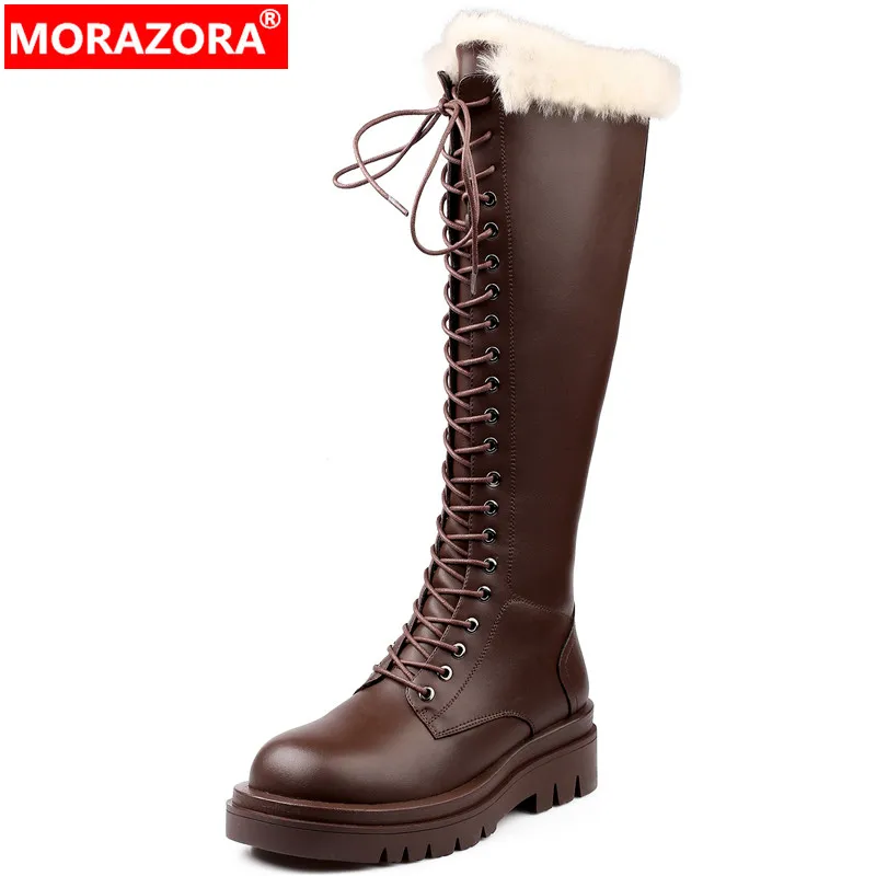 MORAZORA 2024 Size 34-43 New Narrow Band Genuine Leather Women Boots Chunky Zipper Shoes Ladies Winter Knee High Boots