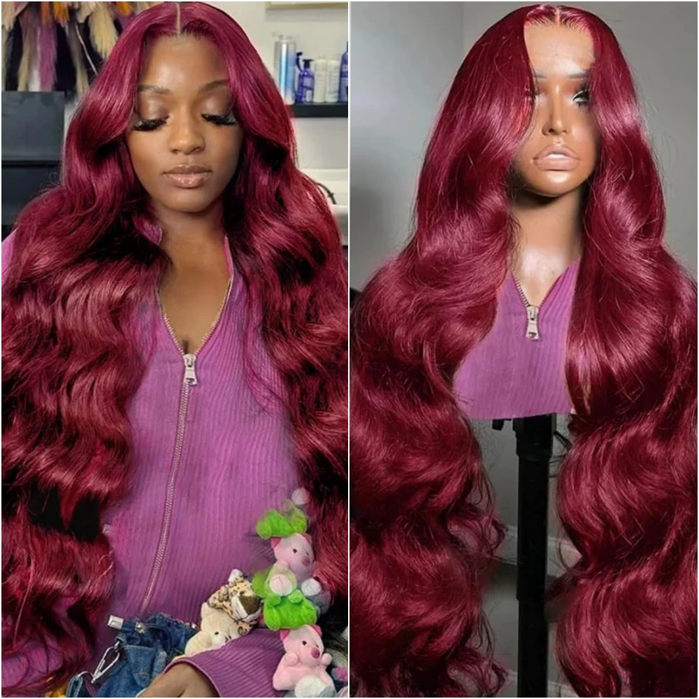 

Парик из натуральных волос 13x6 Burgundy Body Wave с кружевной вставкой для чернокожих женщин, парик 99J Red Lace Frontal, парик 13x4 с прозрачной кружевной вставкой