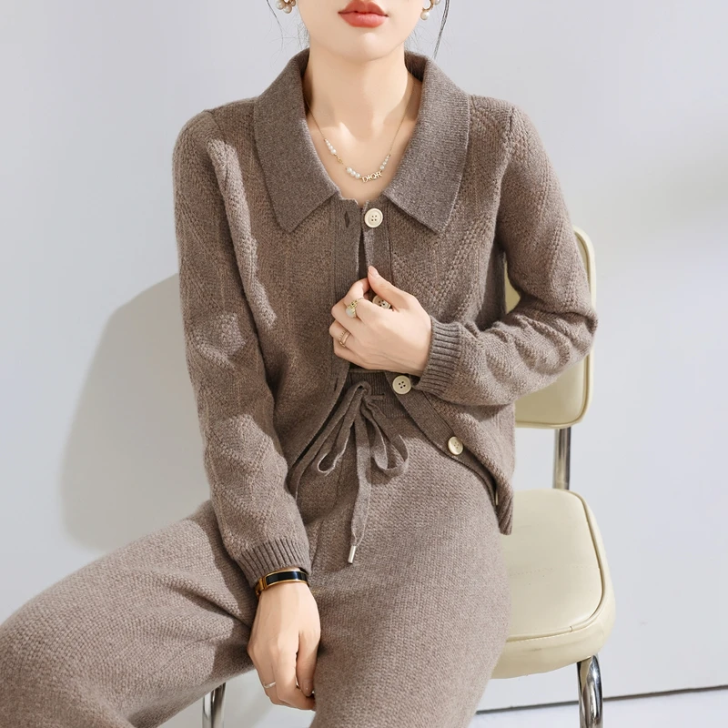 Autumn Winter Women's 100% Wool Set Polo Collar Cardigan Wide Leg Pants Casual Solid Cashmere Sweater Trousers Knitwear Suit