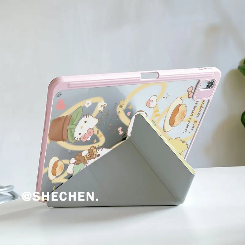 حافظة هالو كيتي 3+Y قابلة للطي لجهاز iPad Air 6/Pro 11/10-11th Gen، غطاء صلب من الأكريليك مضاد للانحناء مع فتحة قلم رصاص #4