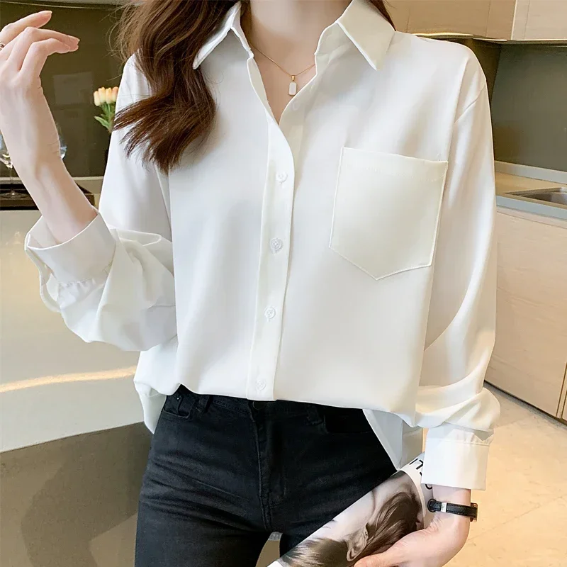 

Spring Autumn One Pocket Elegant White Women's Blouse 2025 New Long Sleeve Single Breasted Korean Casual Loose Shirts Female